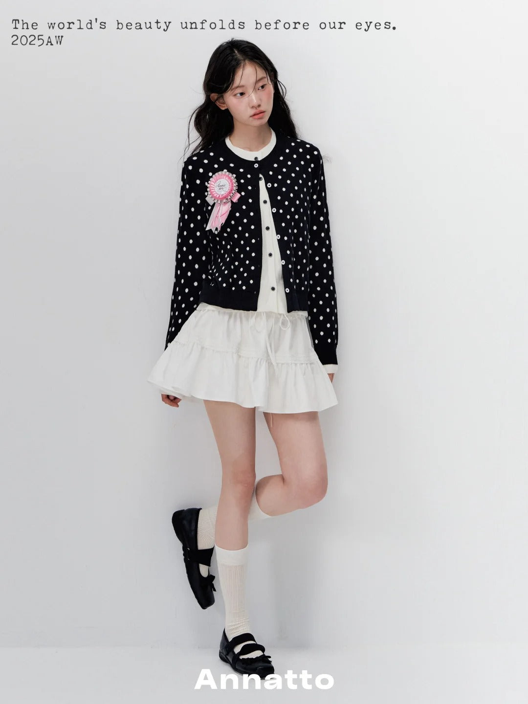ANNATTO 'Retro Polka' Layered Cardigan & Lace Skirt Set