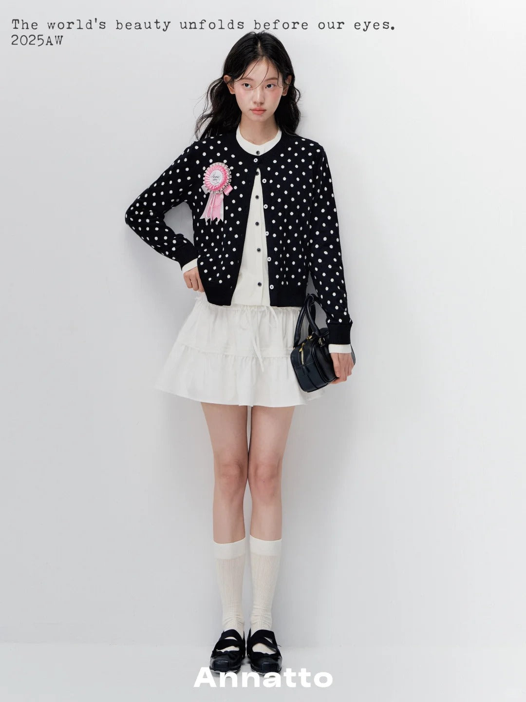 ANNATTO 'Retro Polka' Layered Cardigan & Lace Skirt Set