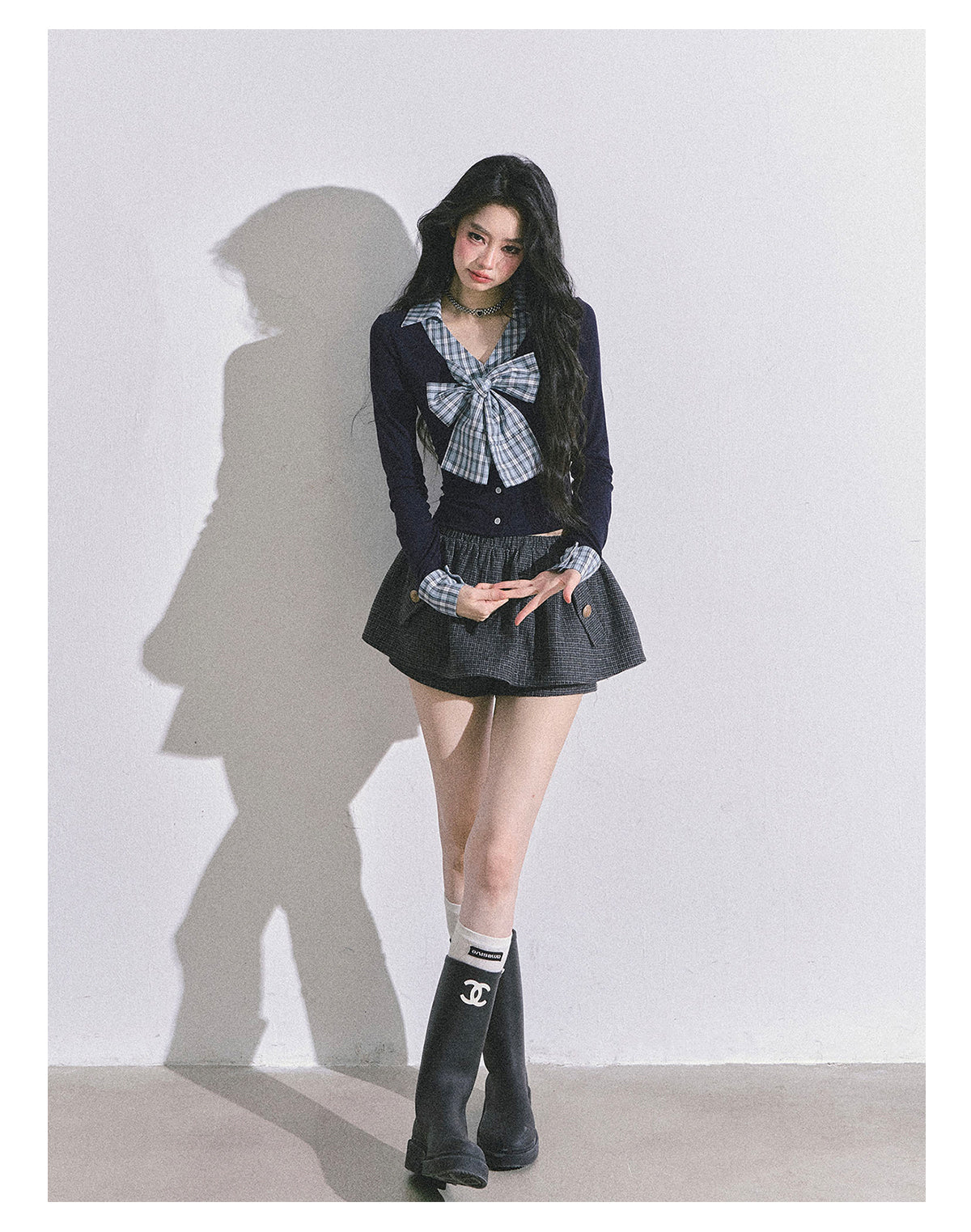 ShaoYeYan Ivy Plaid Verse Fake Two-Layer Bow Plaid T-Shirt