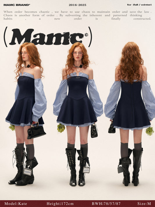 MAMC Plaid Panel Puff Sleeve Bustier Dress