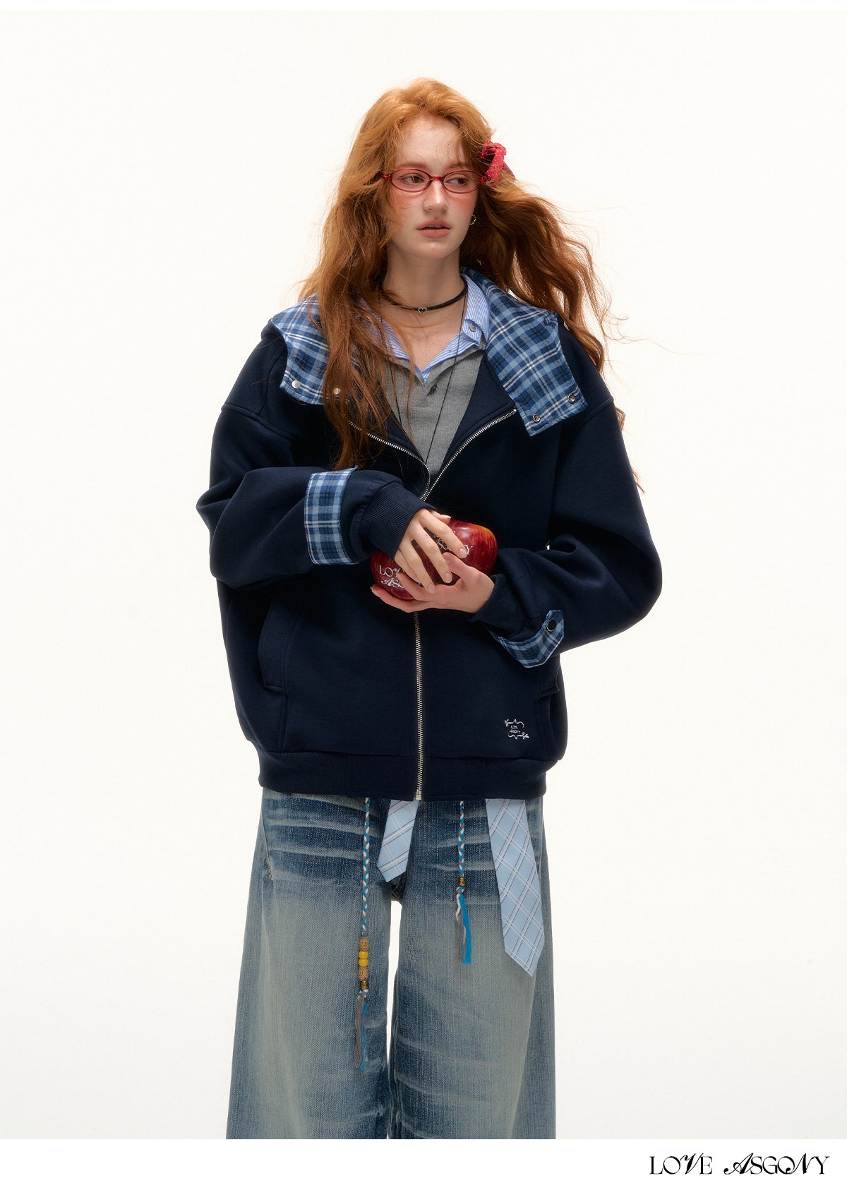 AsGony Plaid Panel Oversized Hooded Zip-Up