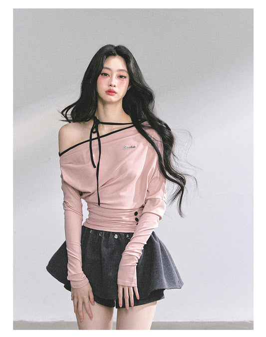 SHAOYEYAN Asymmetric Off-Shoulder Long Sleeve Tee