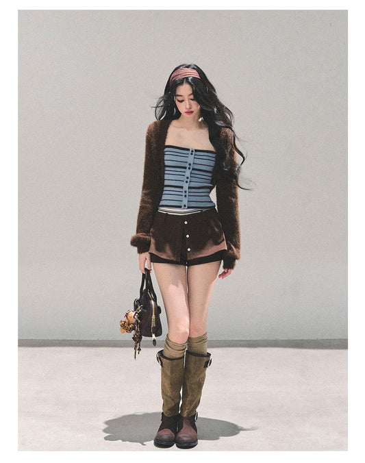 ShaoYeYan Untitled Blue Off-Shoulder Striped T-Shirt