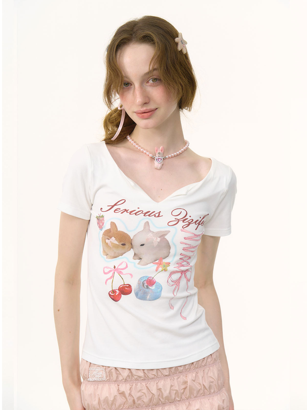 ziziFei Retro Bunny Print V-Neck Tee