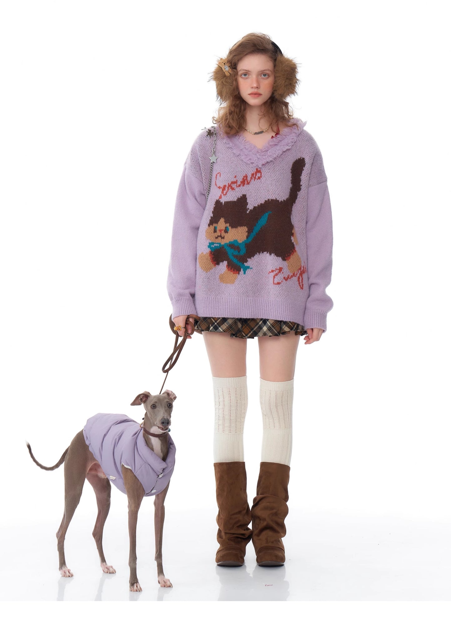ziziFei Retro Plush Cat-Print Sweater