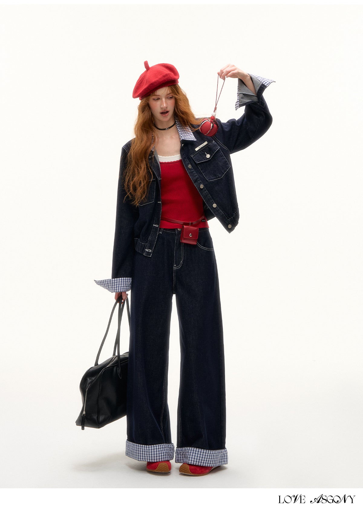 AsGony American Retro Hong Kong Style Plaid Denim Set