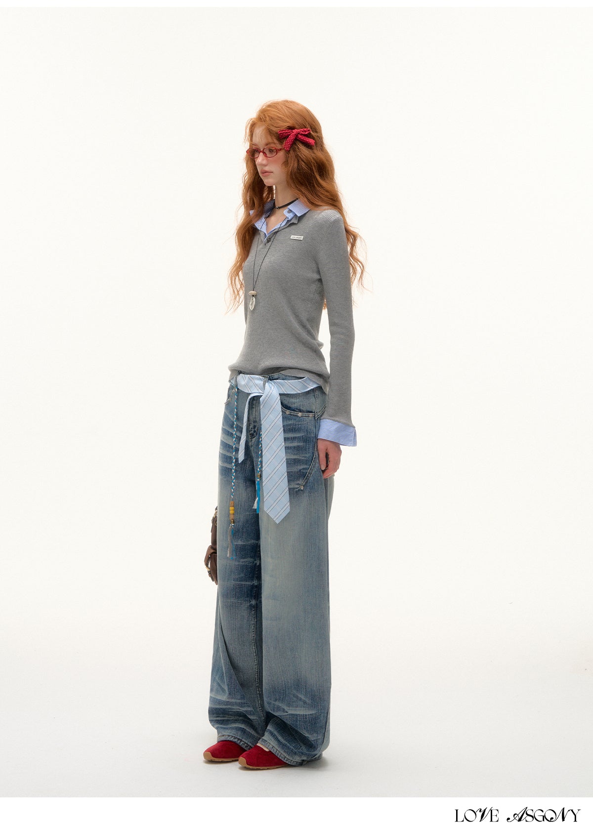 AsGony Striped Collar Fake Two-Layer Knit Top