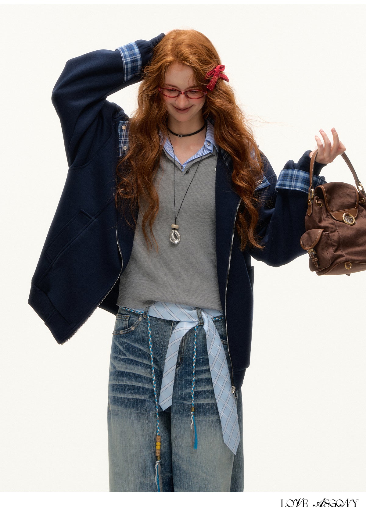 AsGony Plaid Panel Oversized Hooded Zip-Up