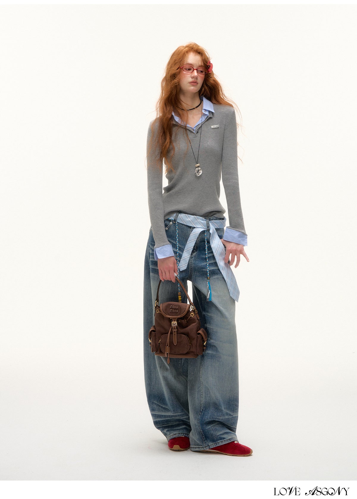 AsGony Striped Collar Fake Two-Layer Knit Top