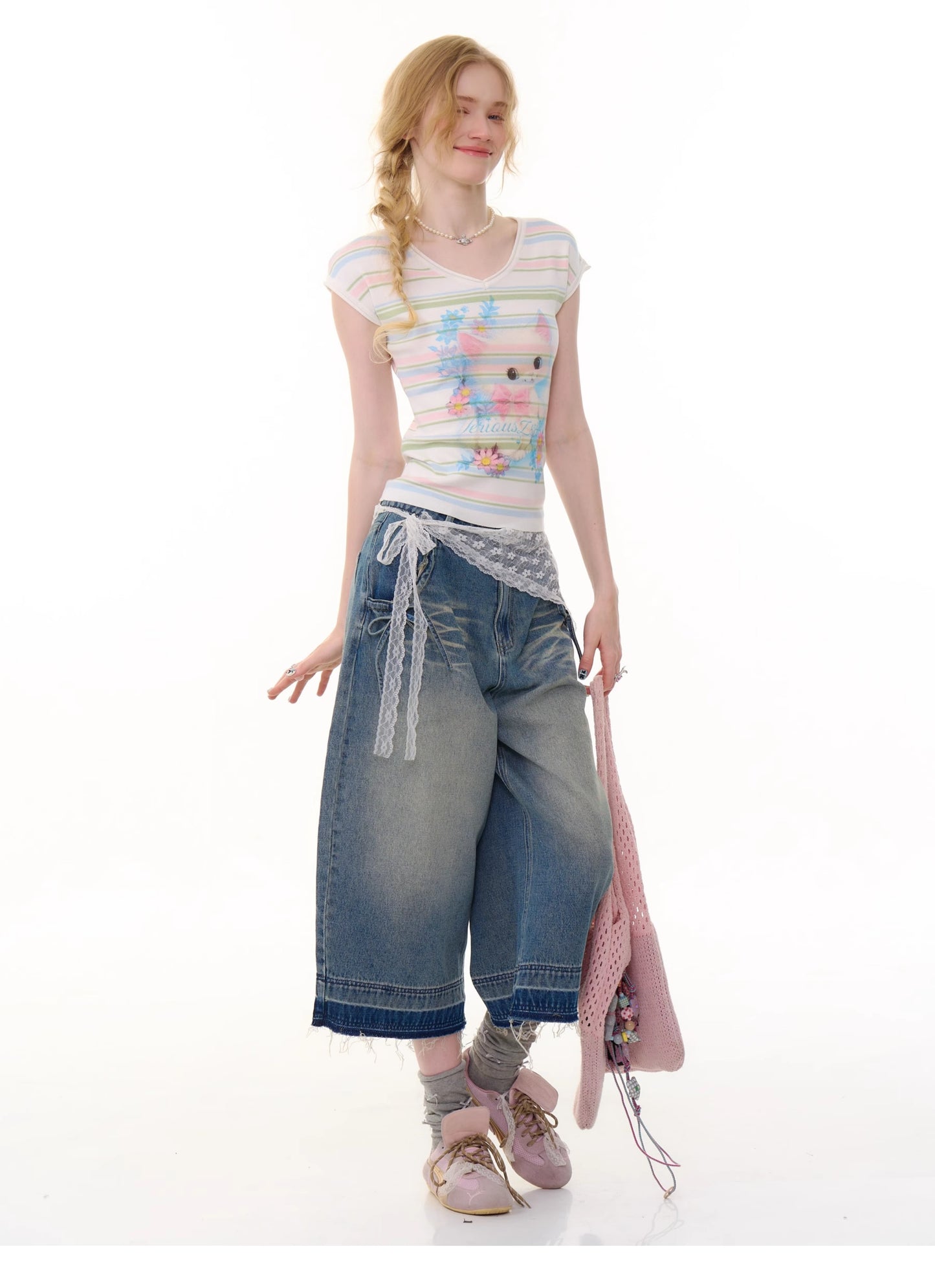ziziFei Retro Cat Stripe Tee