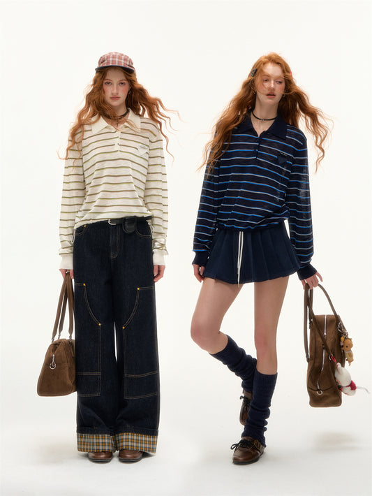 AsGony Striped Polo Collar Drawstring Hem Knit Top