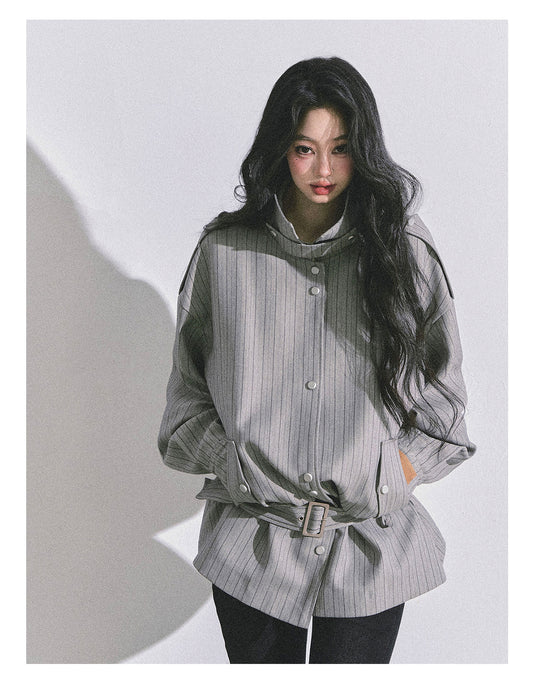 ShaoYeYan Saint Martin College French British Style Stand Collar Striped Coat