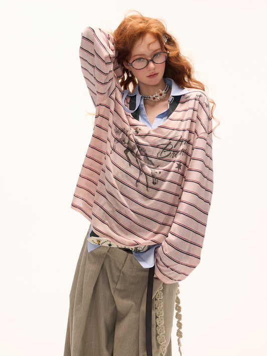 MAMC Oversized V-Neck Striped Tee