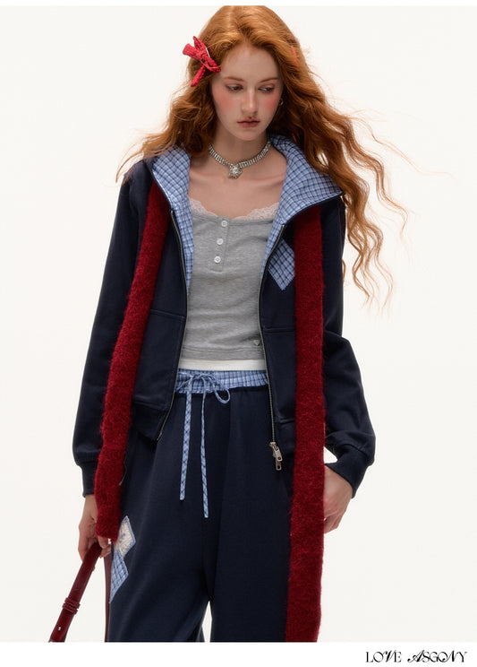 AsGony Retro Academic Style Slim Fit Plaid Patchwork Sweatshirt & Straight Leg Jogger Set