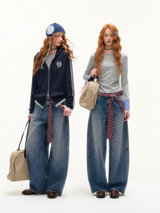 AsGony American Retro Rivet Washed Flared Jeans