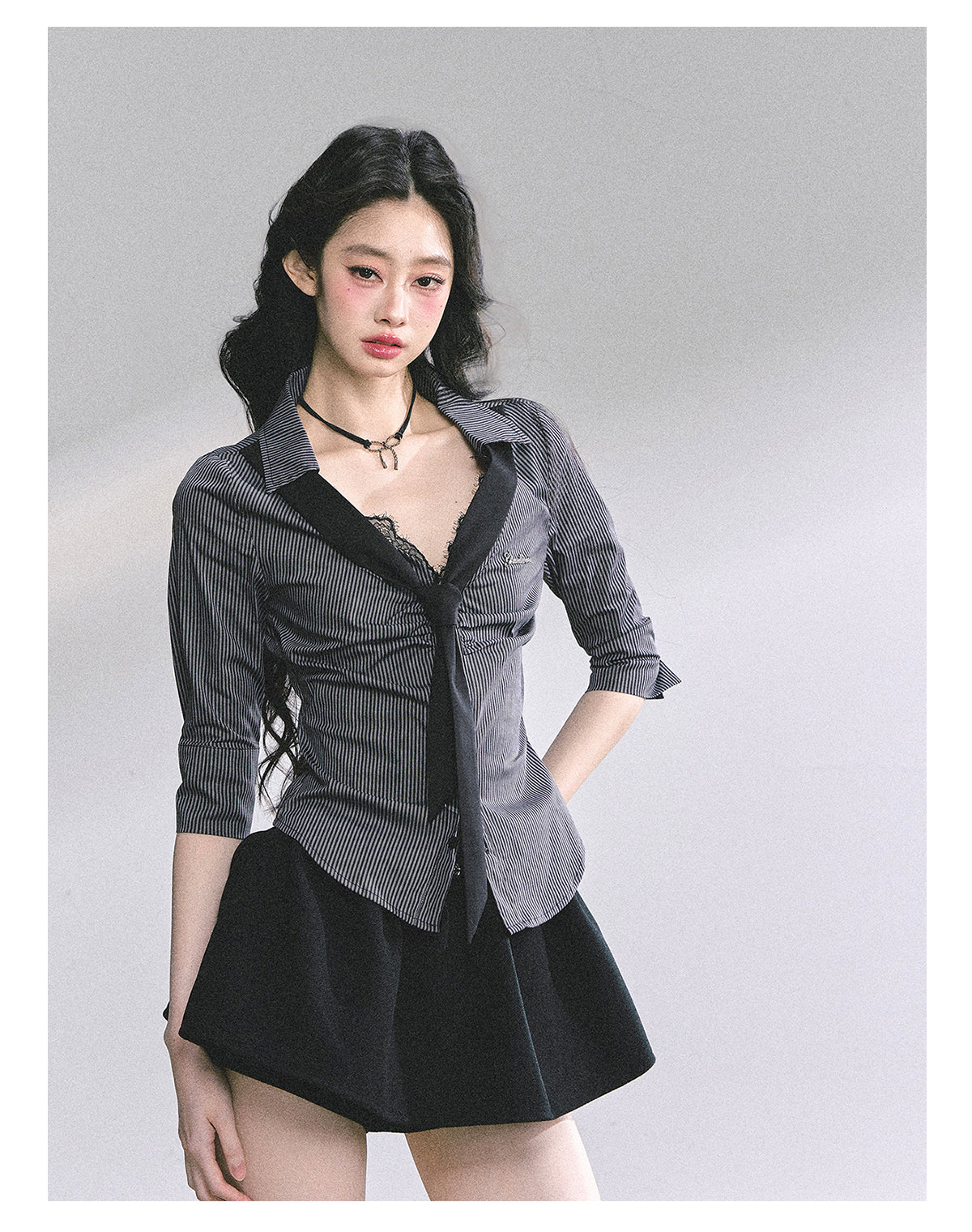 SHAOYEYAN American Waist-Defining Lace Stripe Shirt