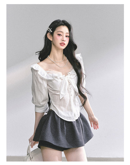 SHAOYEYAN French White Lace Waist-Defining Blouse