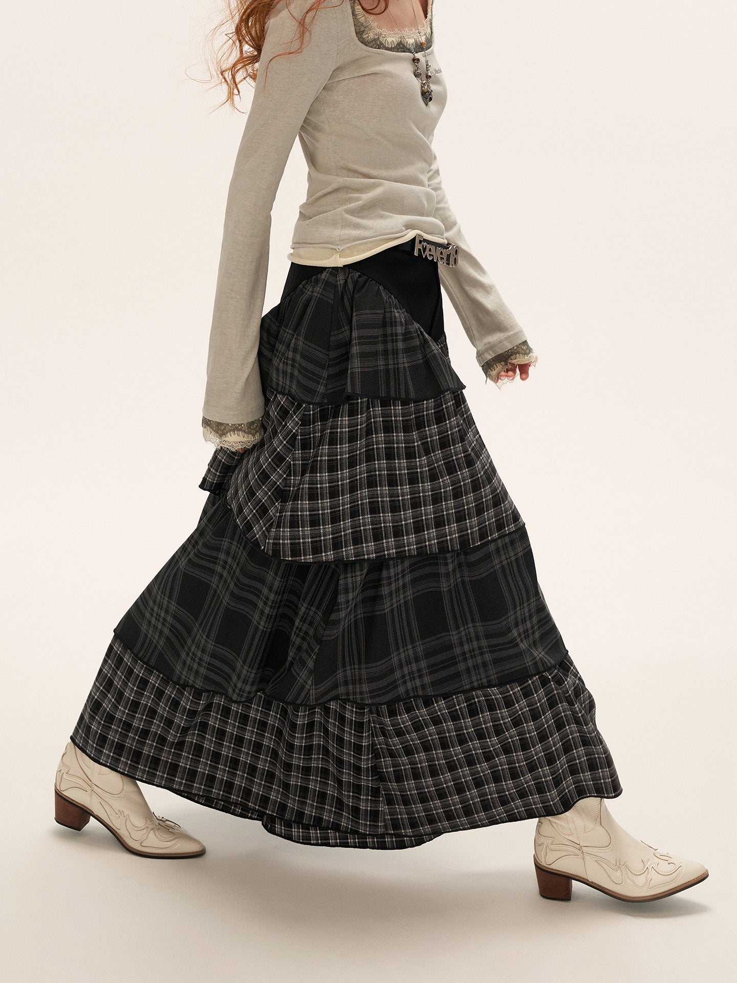 MAMC Denim & Plaid Layered Maxi Skirt