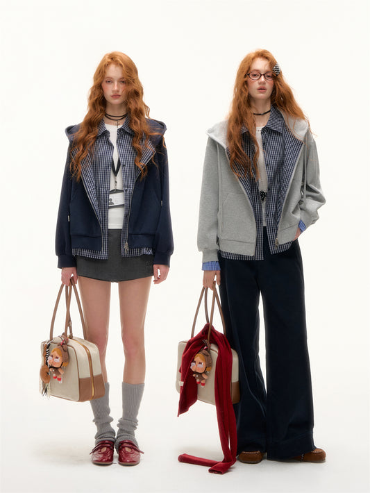 AsGony Fake Two-Piece Plaid Zip-Up Hoodie