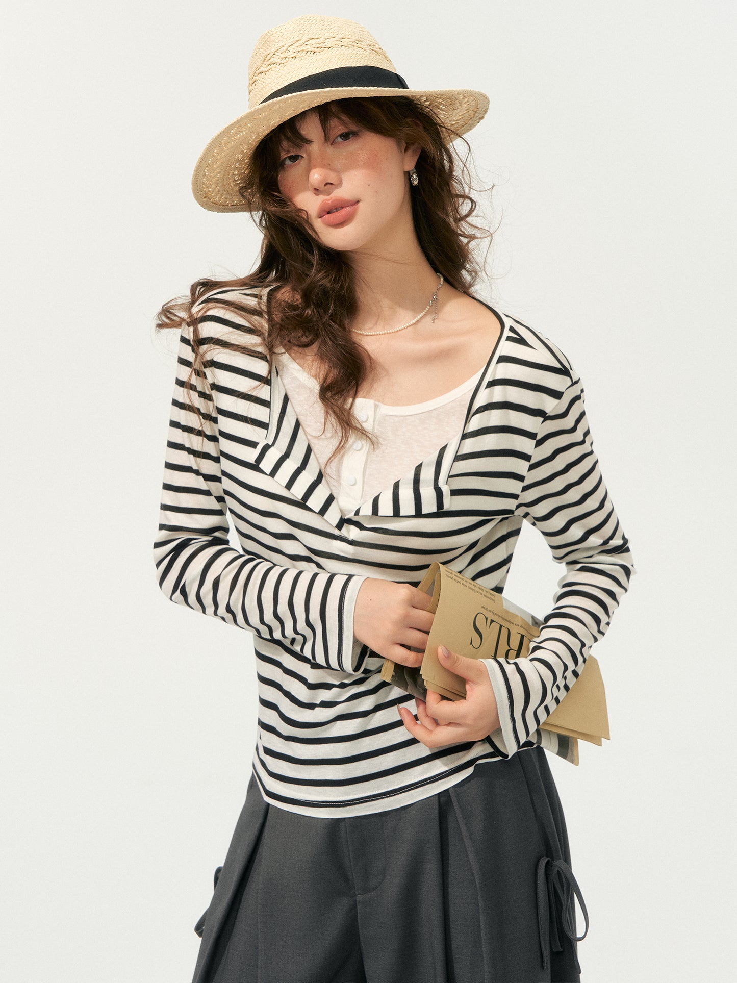 SOMESOWE Draped V-Neck Stripe Top