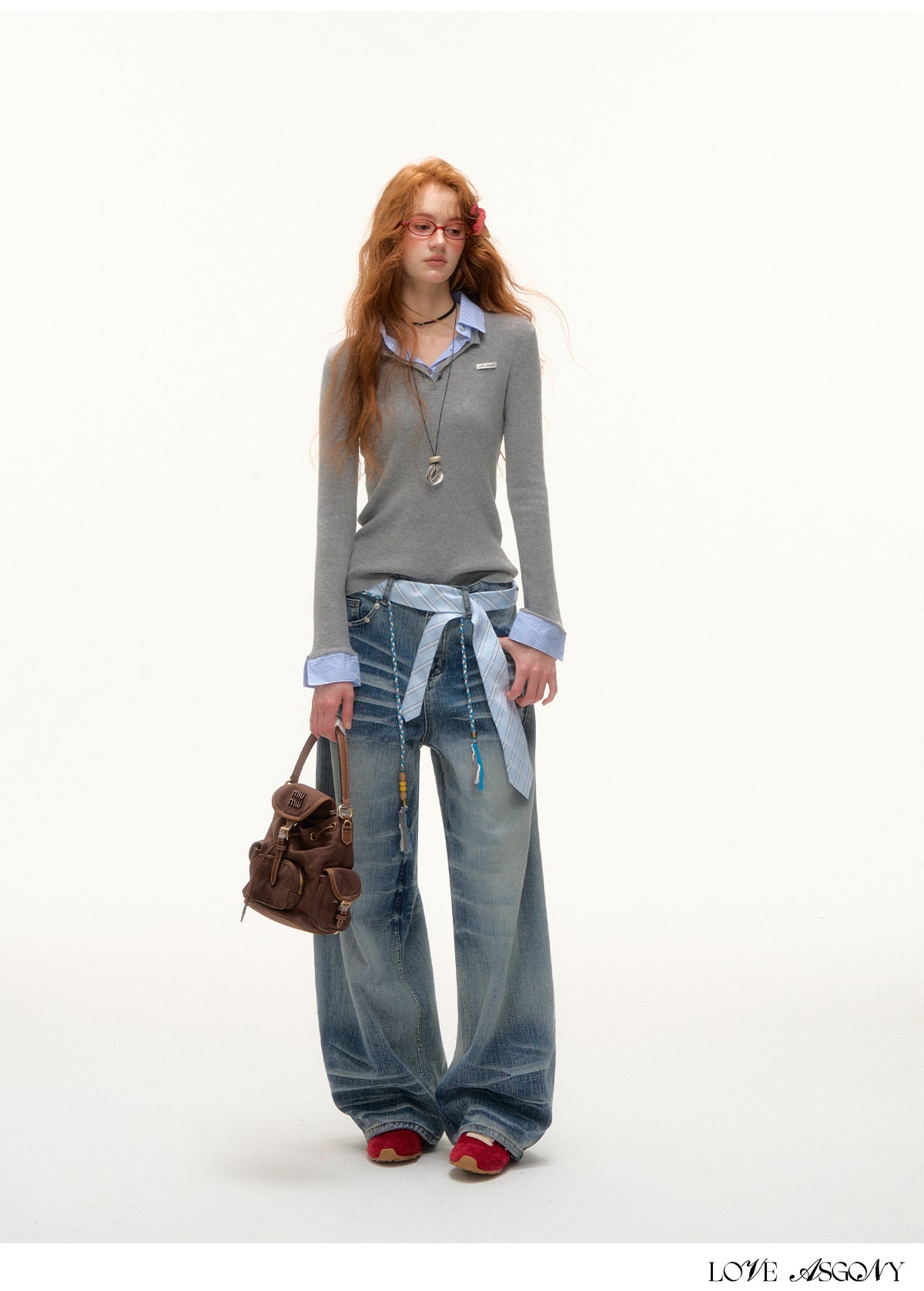 AsGony Striped Collar Fake Two-Layer Knit Top