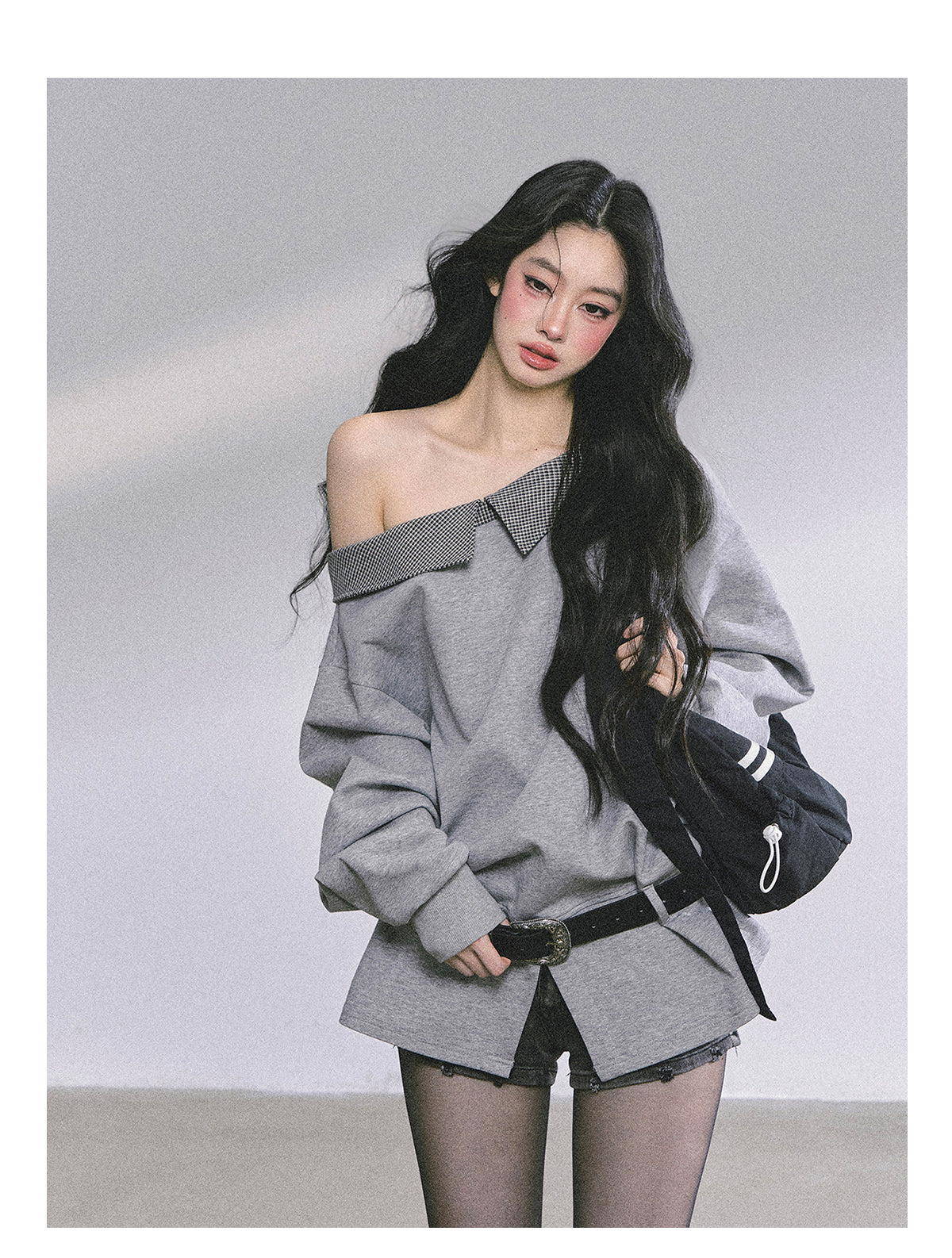 ShaoYeYan Intellectual Balmain Loose Off-Shoulder Plaid Sweatshirt