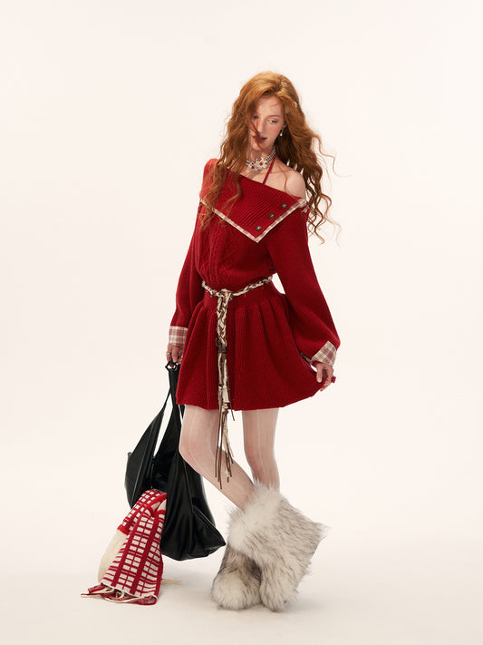 MAMC Plaid Panel Off-Shoulder Dress Sweater