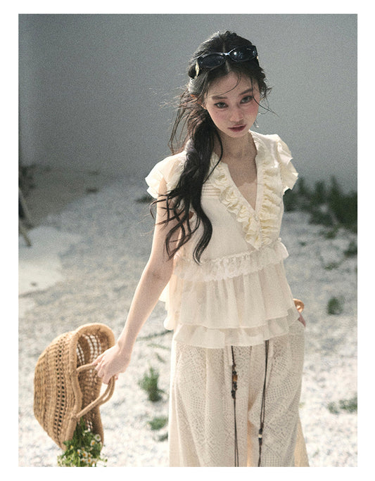 ShaoYeYan Aomalm Sunlight Falls on Heart French Ruffle Lace Blouse