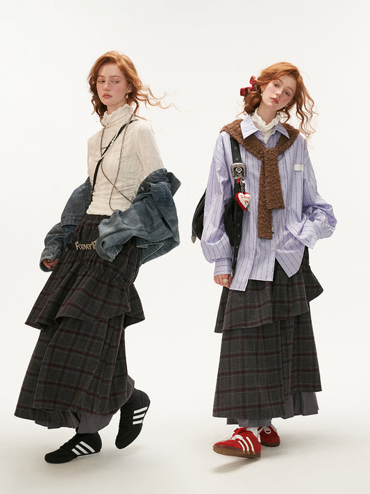 MAMC Vintage Plaid Layered Midi Skirt