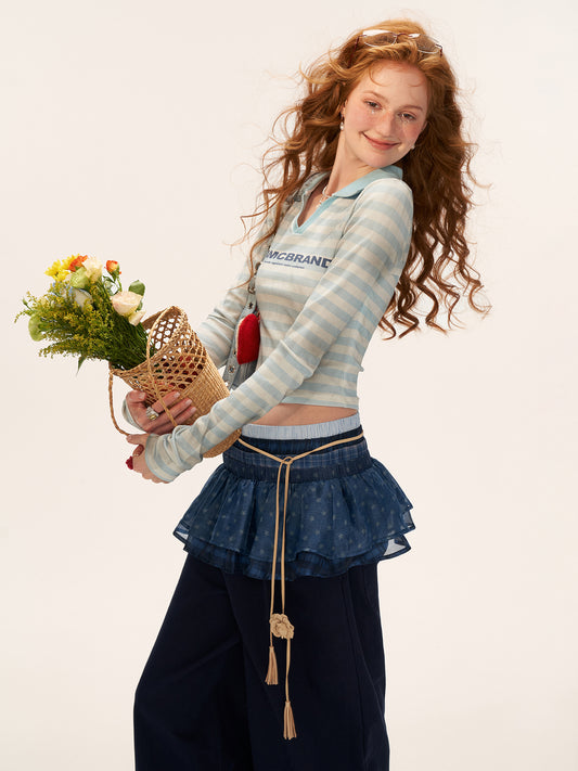 MAMC Distressed Stripe Long Sleeve Polo Shirt