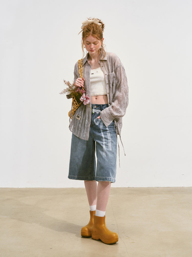 SOMESOWE Lace-Print Denim Culottes