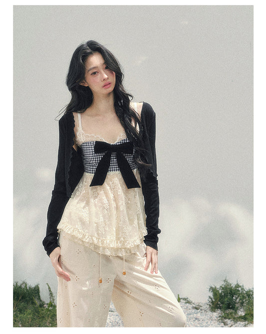 ShaoYeYan Aomalm She Passes Through Blossoms Bow Lace Plaid Tee