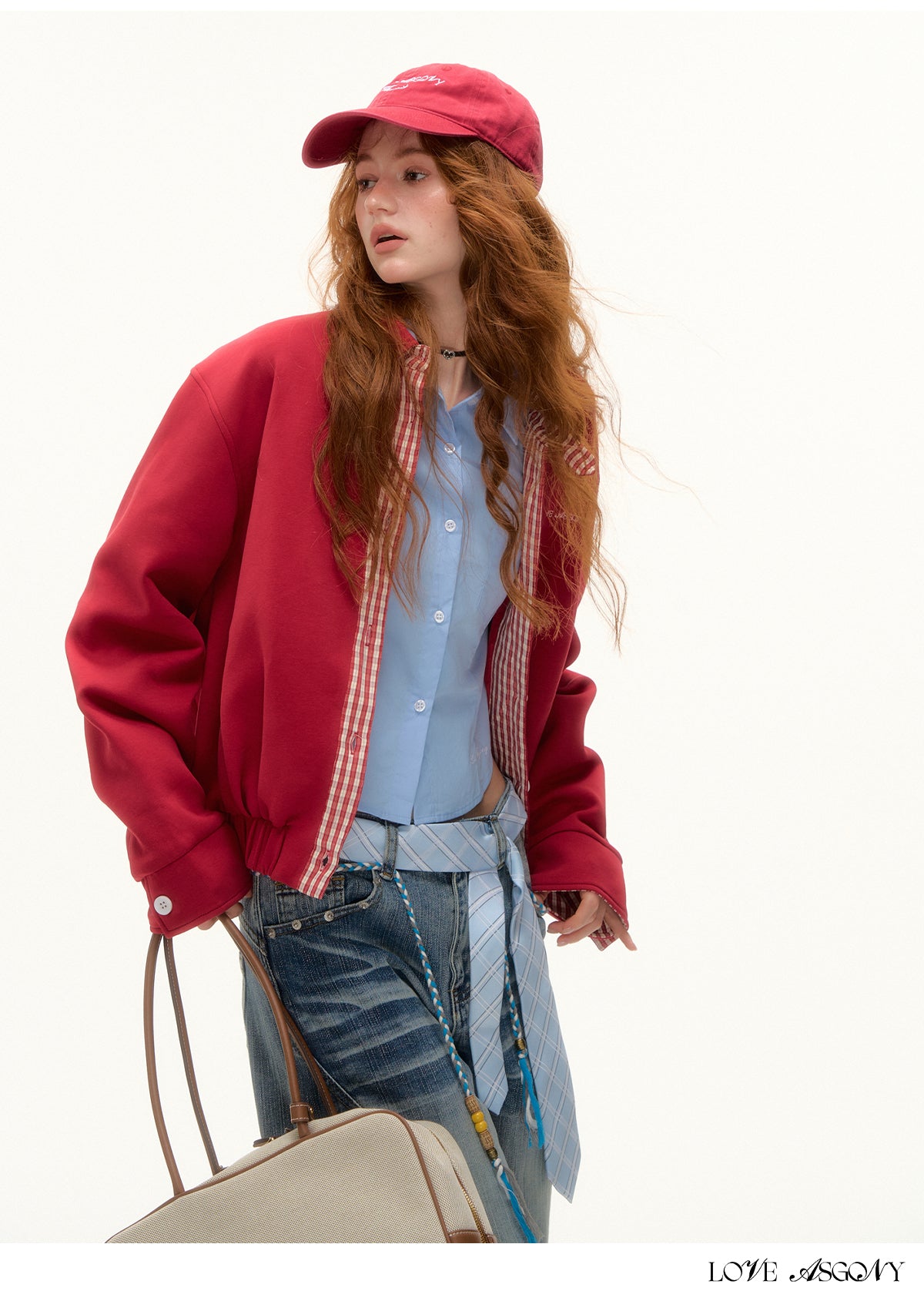 AsGony MIU Style Plaid Collar Sweatshirt Jacket