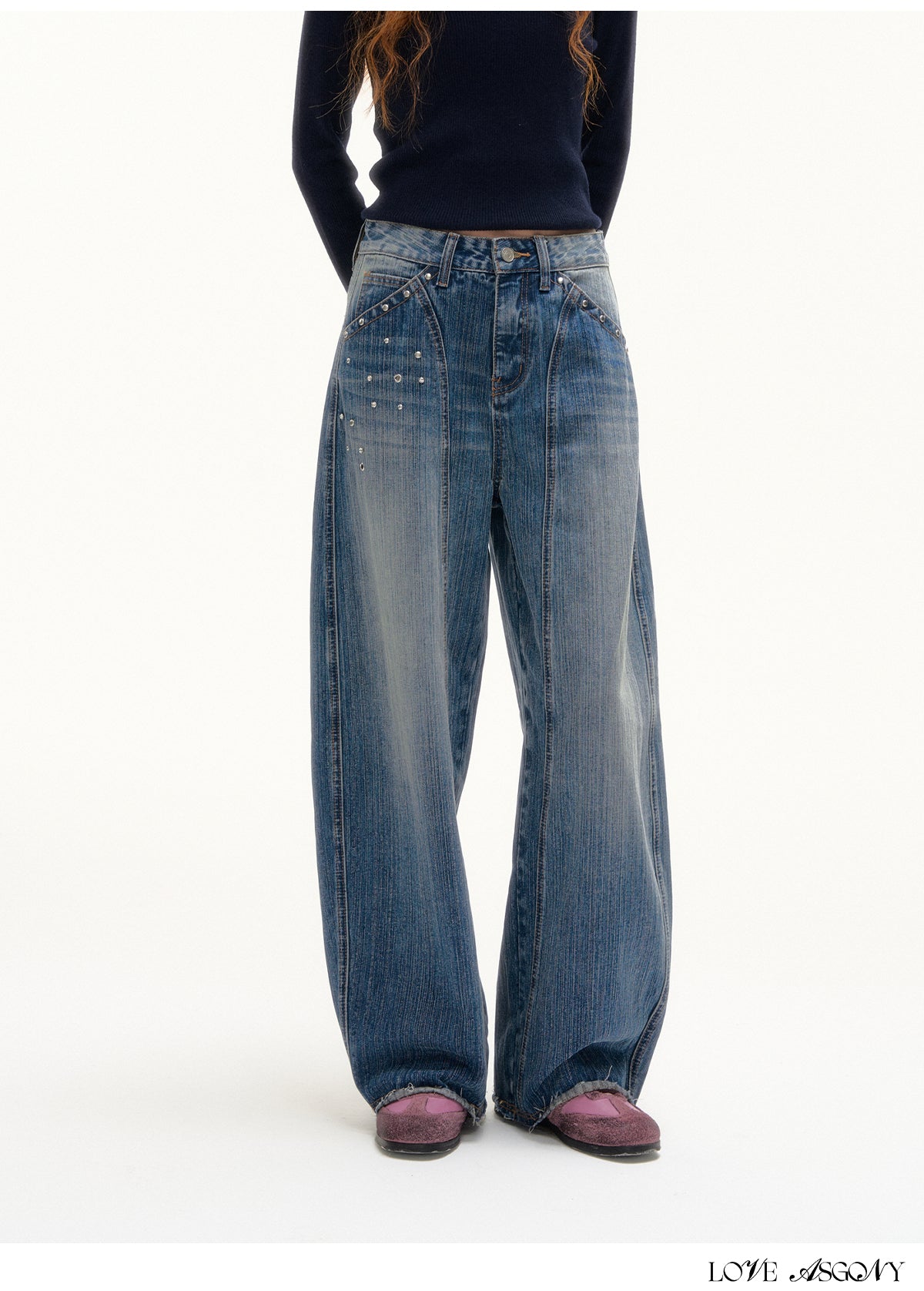 AsGony American Retro Rivet Washed Flared Jeans