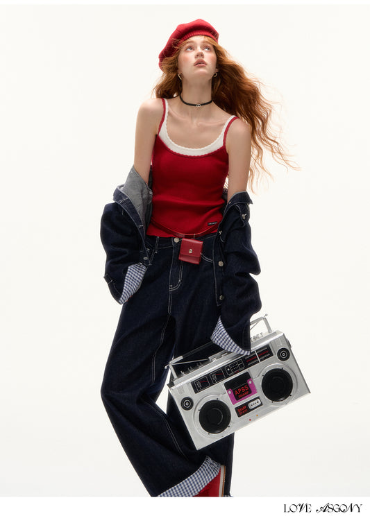 AsGony Designer Fake Two-Layer Wave Edge Camisole