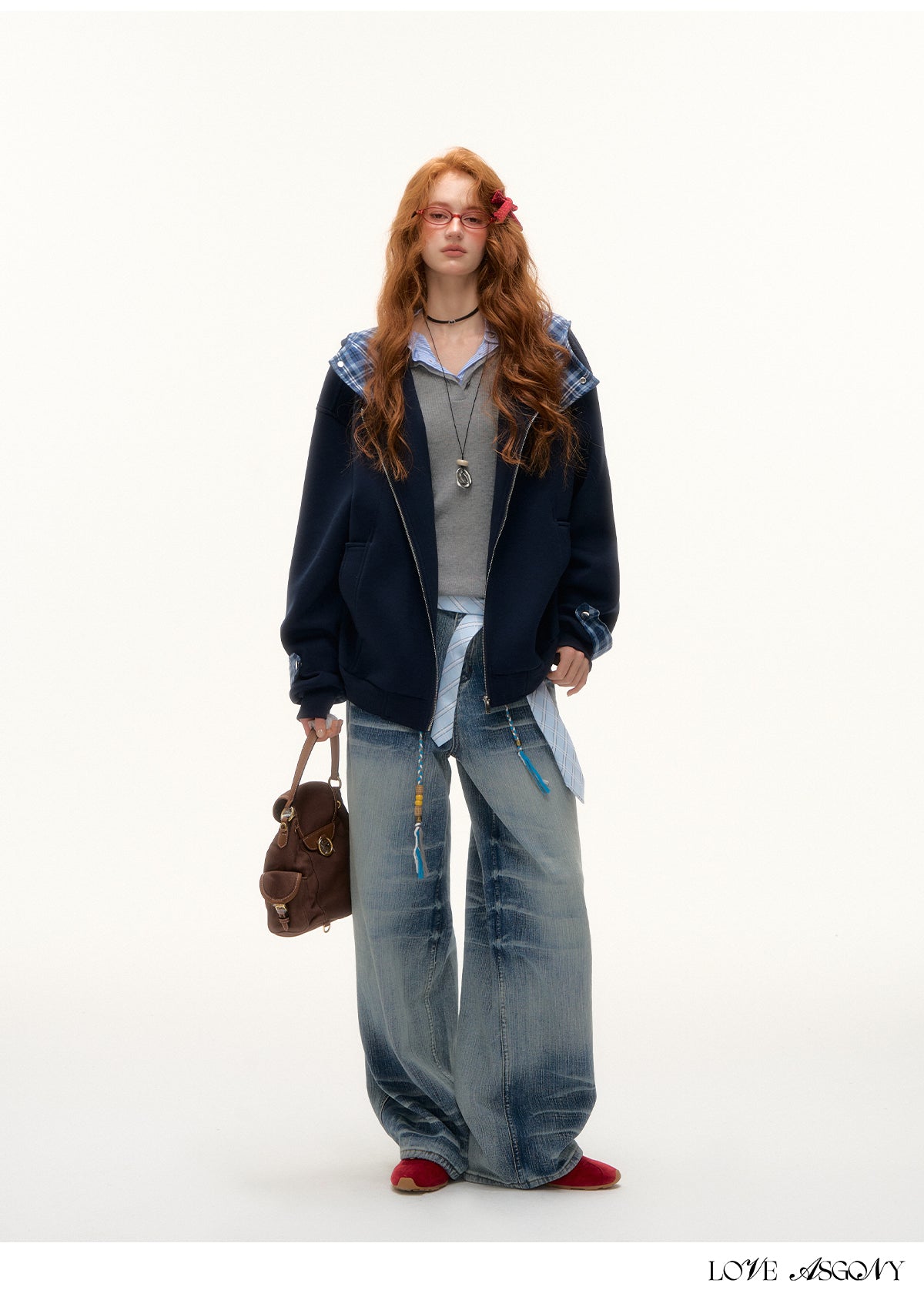 AsGony Plaid Panel Oversized Hooded Zip-Up