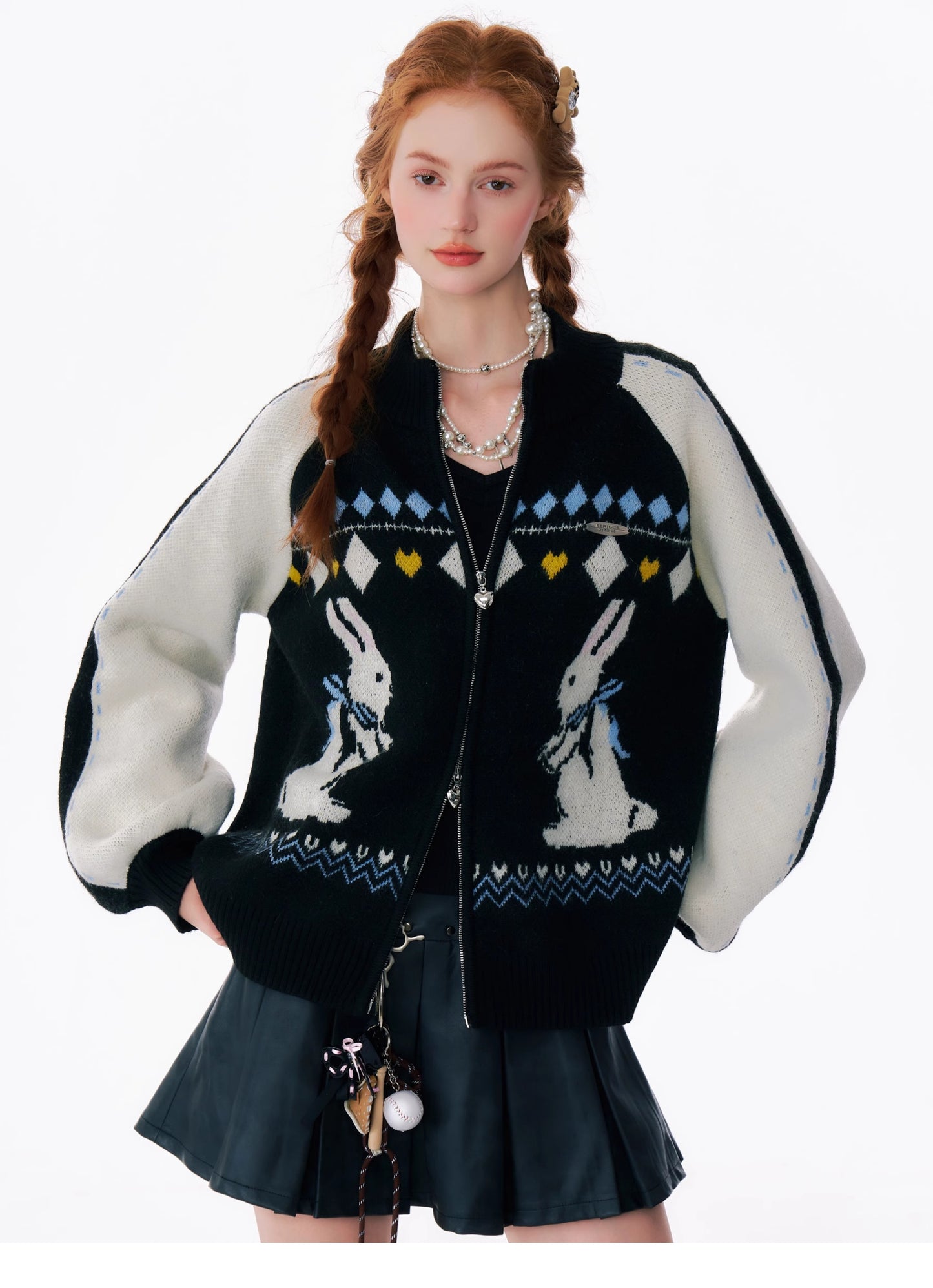 ziziFei Rabbit Print Zip-Up Cardigan