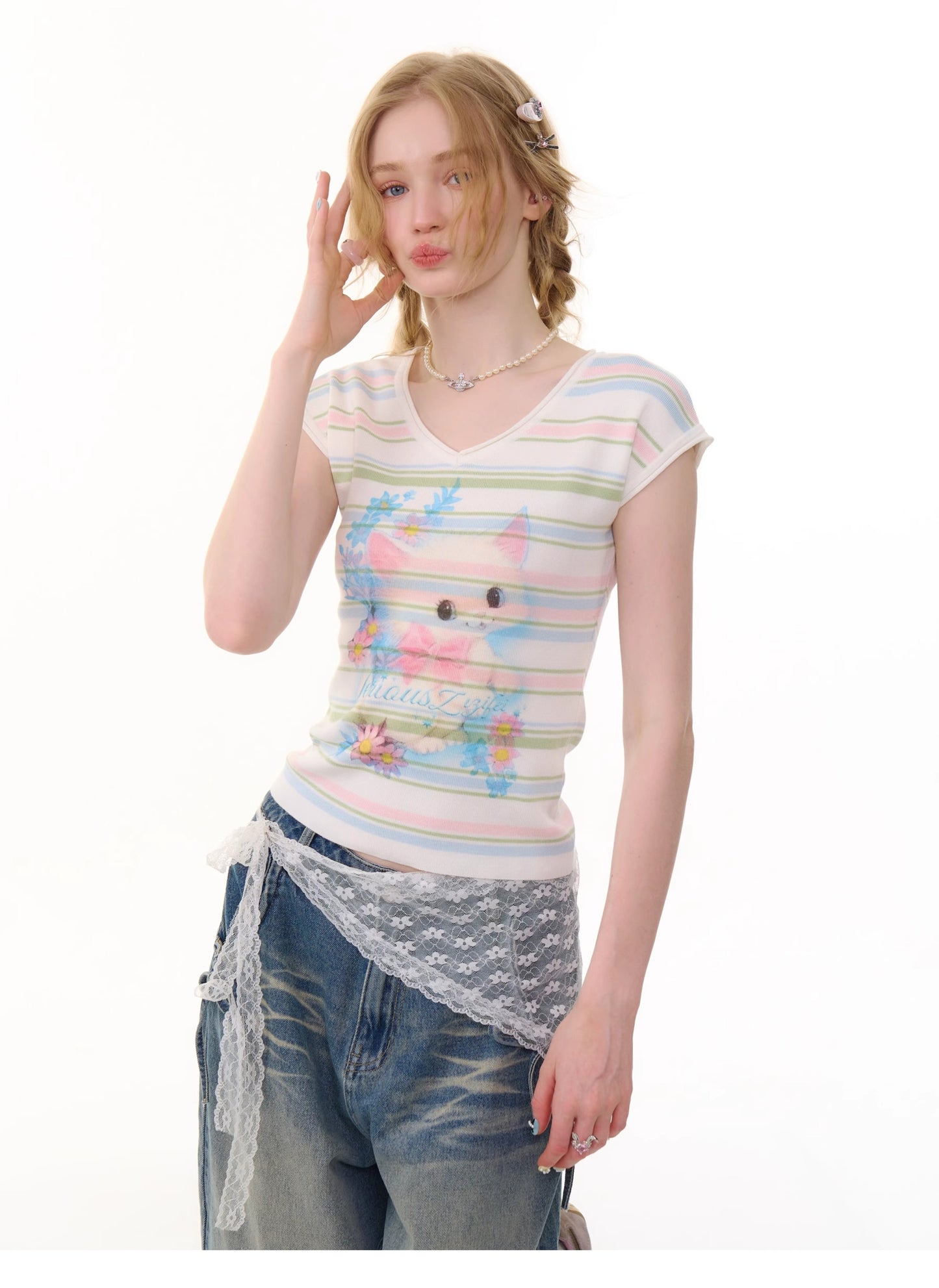 ziziFei Retro Cat Stripe Tee
