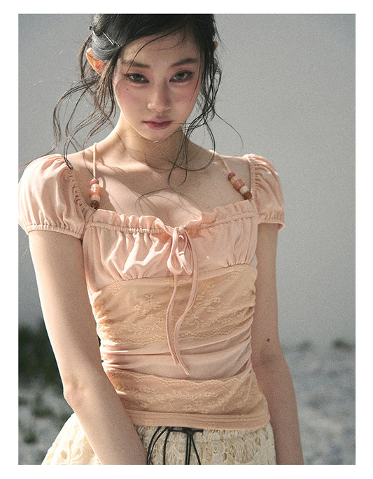ShaoYeYan Aomalm Dreamlike Reality French Bubble Sleeve Lace Top