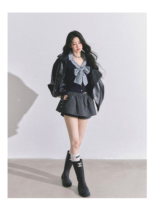 ShaoYeYan Ivy Plaid Verse Fake Two-Layer Bow Plaid T-Shirt