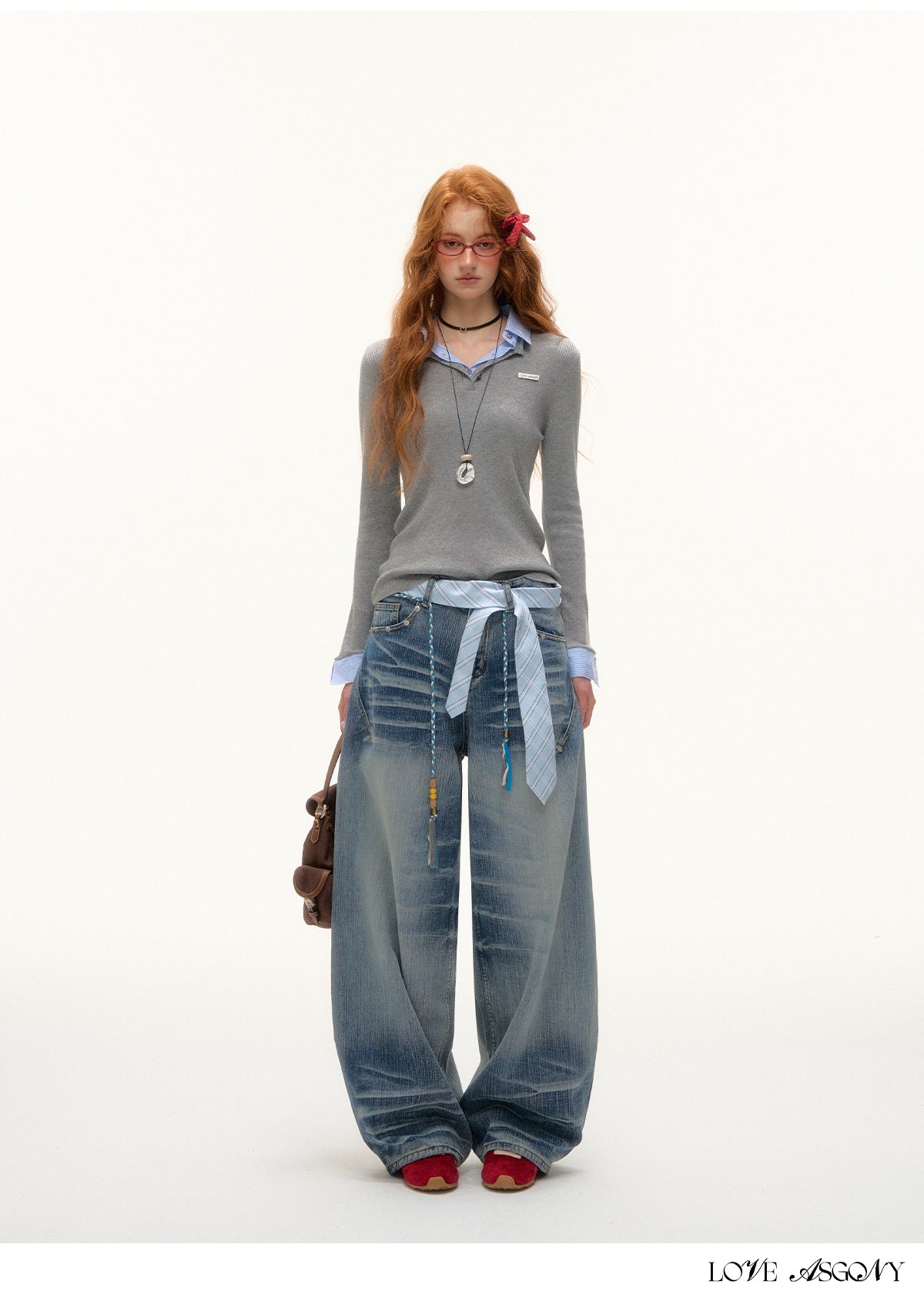 AsGony Striped Collar Fake Two-Layer Knit Top