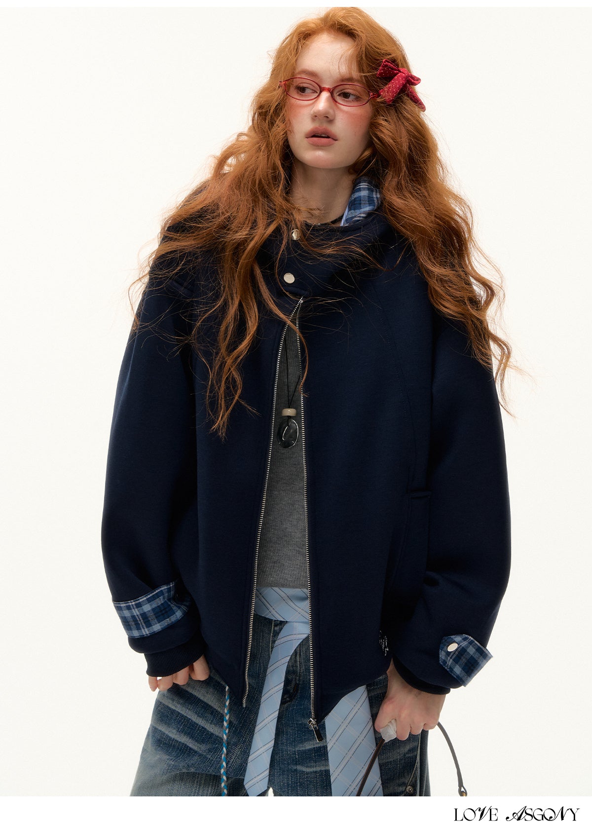 AsGony Plaid Panel Oversized Hooded Zip-Up