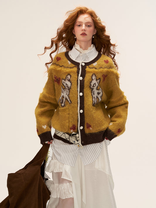 MAMC Cute Butterfly Deer Print Knit Cardigan