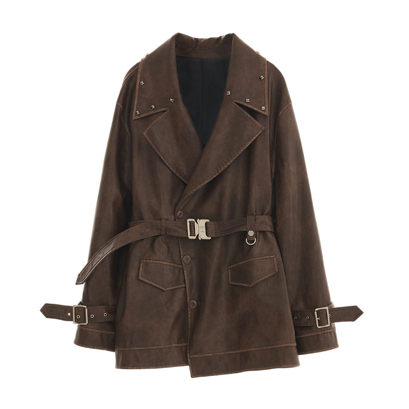 MAMC Belted Distressed Leather Trench Coat