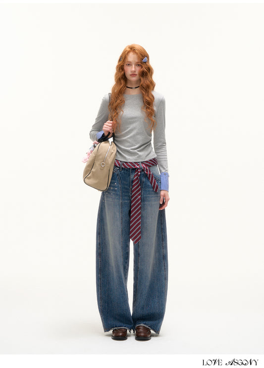 AsGony American Retro Rivet Washed Flared Jeans