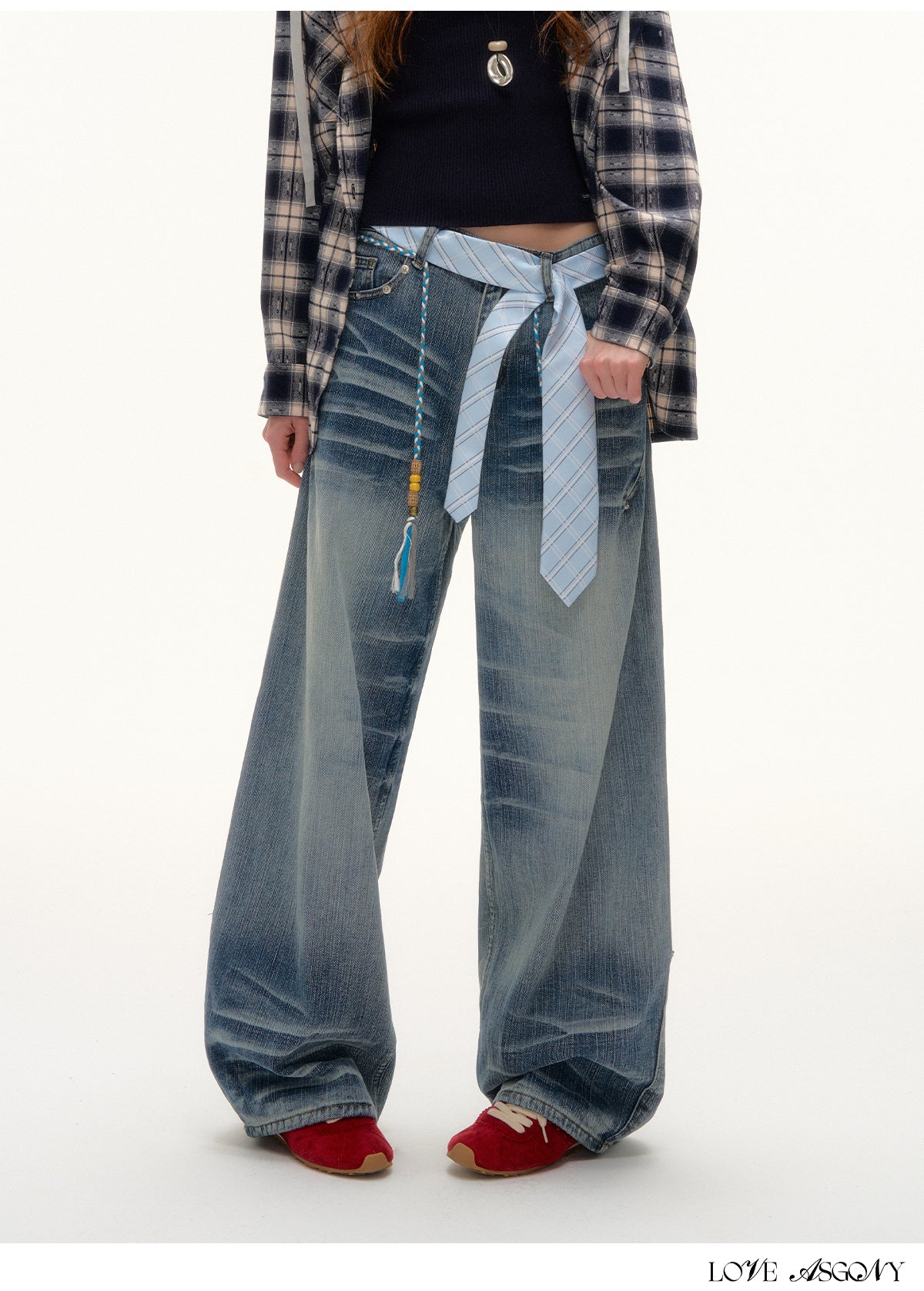 AsGony Tie-Dye Beaded Embellished Washed Jeans