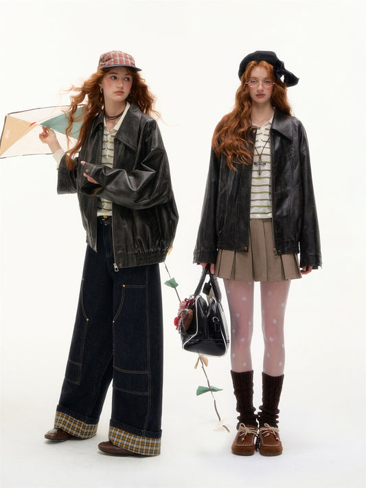 AsGony Retro Bow Collar Embossed Leather Jacket