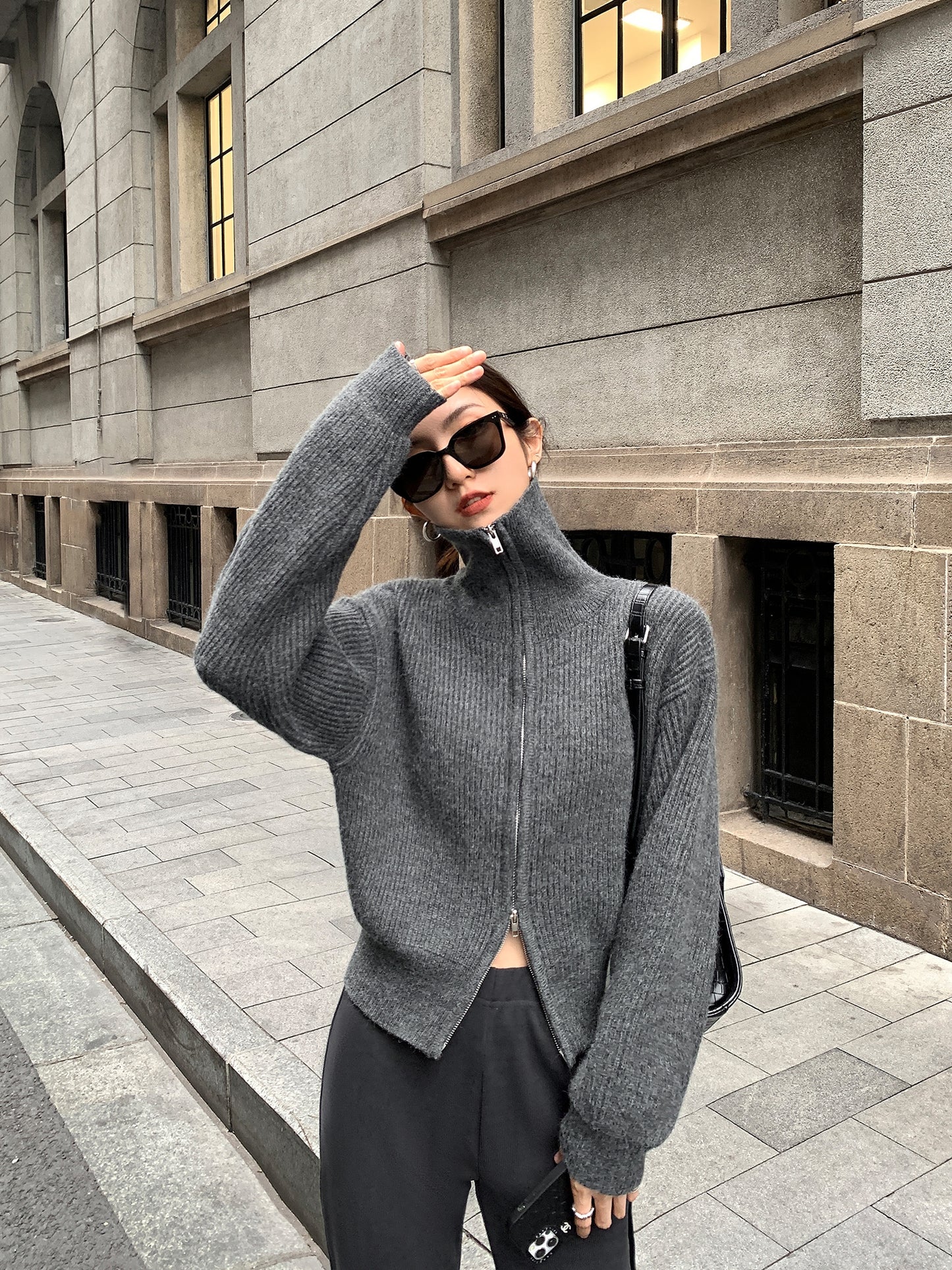 MULVAN Zip-Front Knit Cardigan