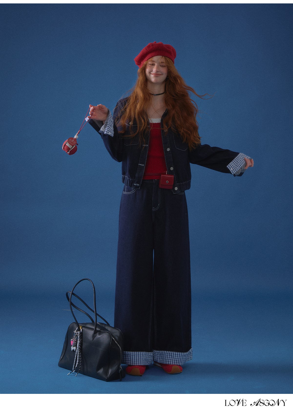 AsGony American Retro Hong Kong Style Plaid Denim Set