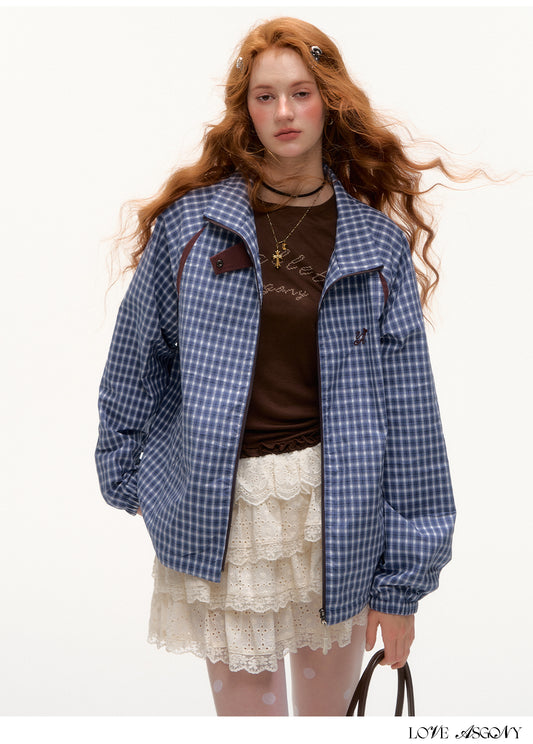 AsGony Retro Plaid Colorblock Windbreaker